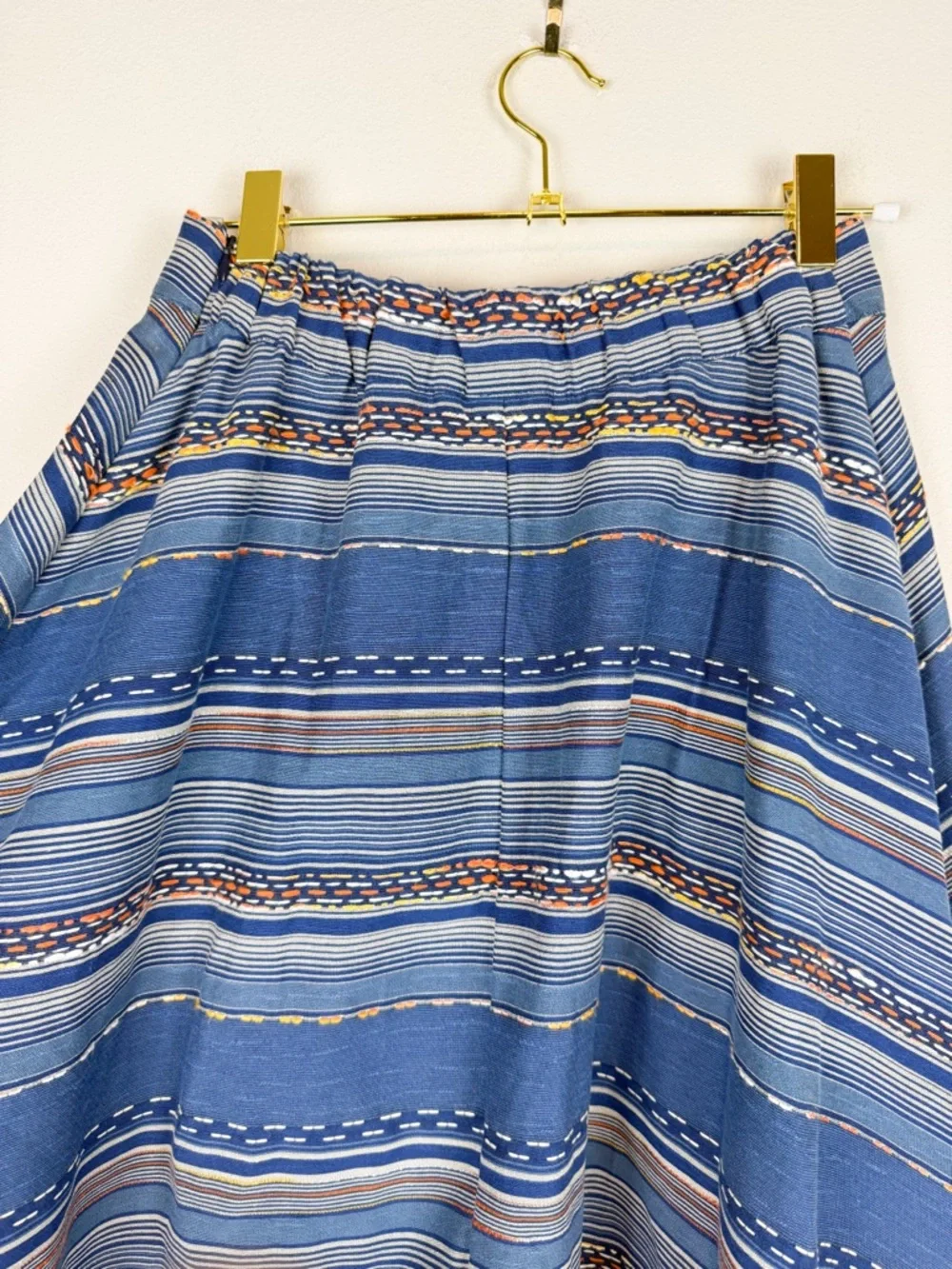 Eva Franco Liv A-Line Blue Striped Embroidered Midi Skirt Southwestern Size 2